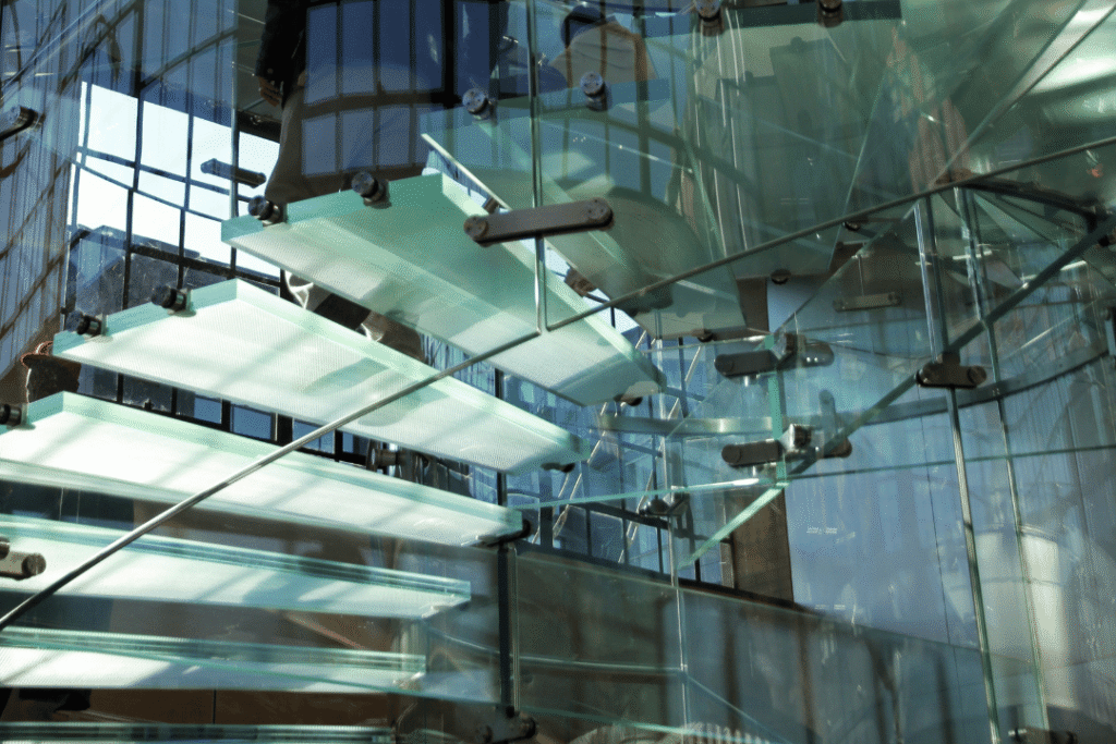floating glass staircase with laminated glass steps and steel hardware