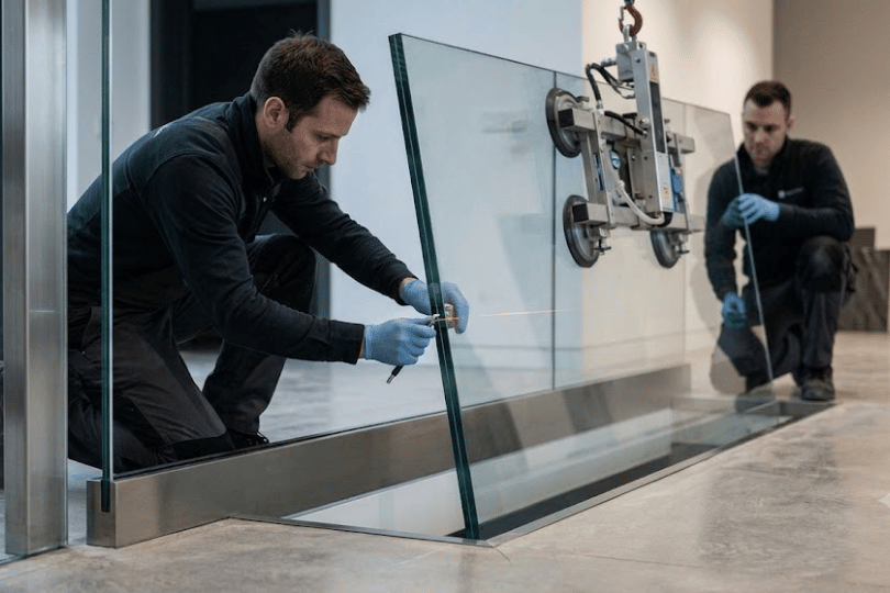 Installers using a vacuum lifting tool and laser level to align a heavy custom glass panel into a floor channel.