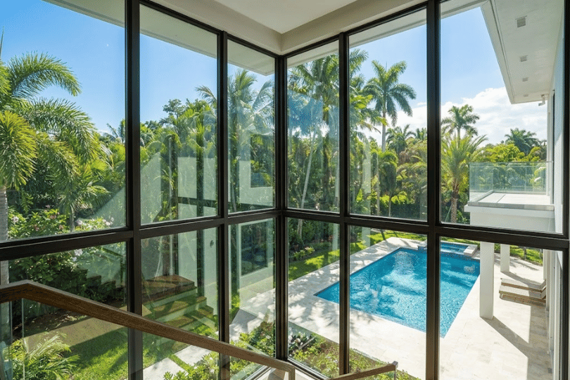 Interior view of a Florida modern luxury home with multi-panel glass window walls overlooking a swimming pool and palm trees