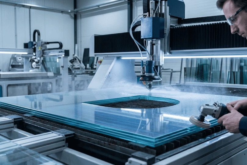 Precision CNC waterjet cutting machine fabricating a thick custom glass panel in a manufacturing facility.