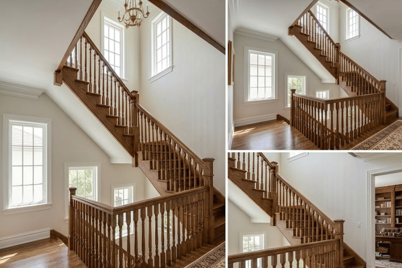 Traditional dark wood staircase with carved balusters and a decorative area rug in a classic home interior