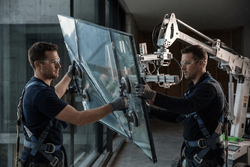 Two trained technicians using heavy-duty suction cups to install a large custom glass window