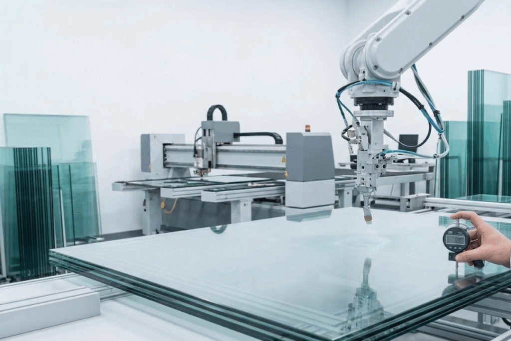CNC precision glass cutting and processing machine in manufacturing facility