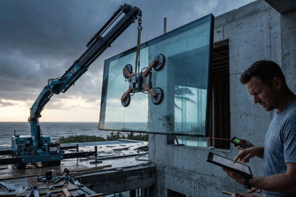 Coastal hurricane window installation using spider crane and vacuum suction lifter