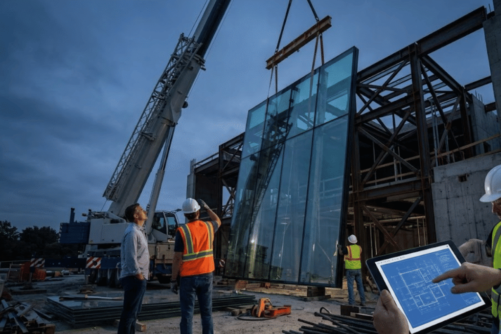Commercial glass curtain wall installation site with mobile crane and tablet blueprints