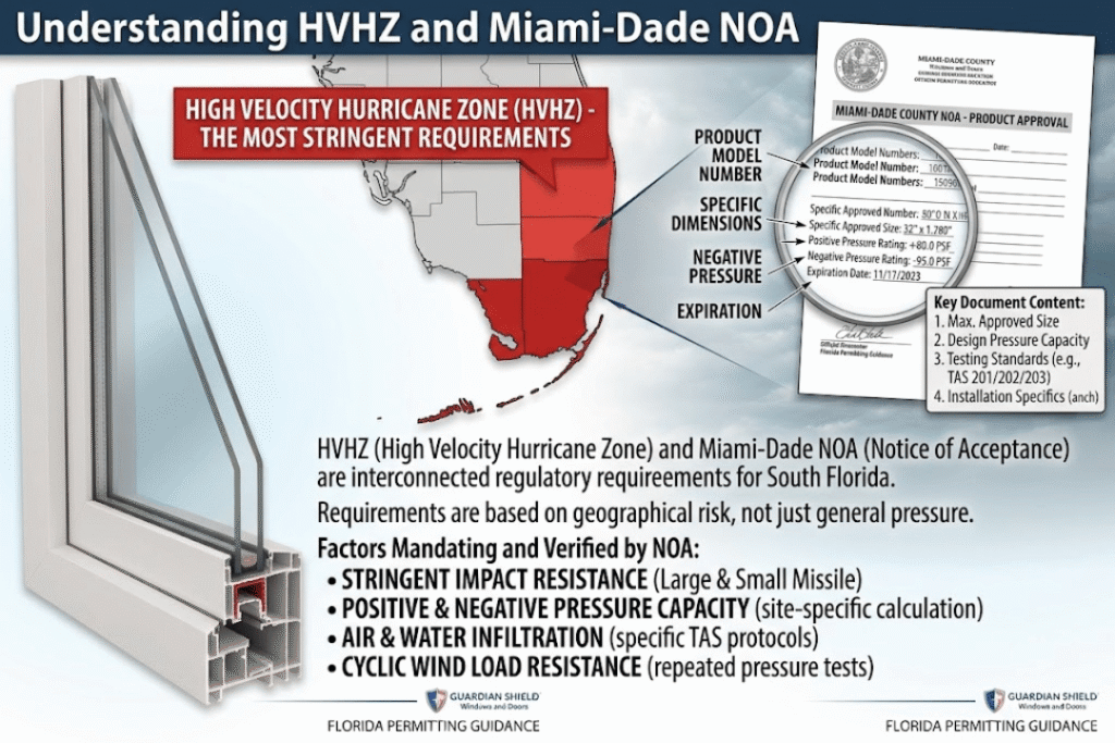 Details of HVHZ, Miami-Dade NOA product approval, and stringent hurricane testing