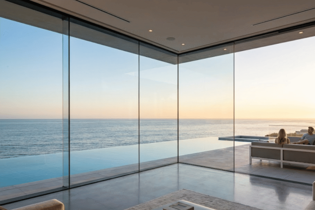Frameless glass sliding doors in modern luxury oceanfront home