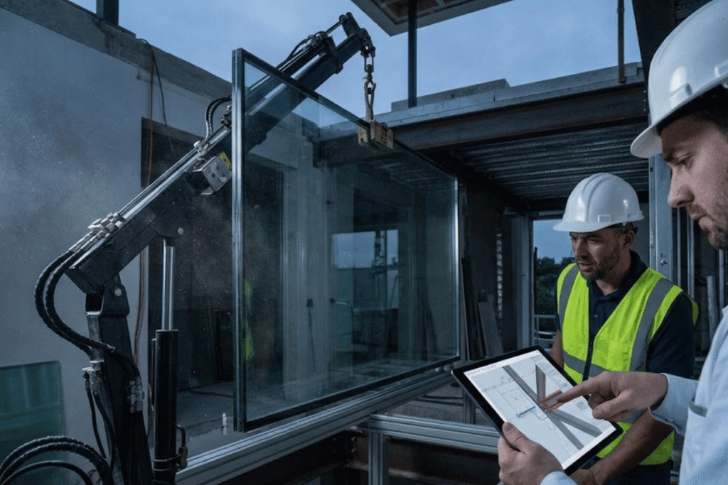Heavy-duty glass window installation using hydraulic crane and digital tablet control
