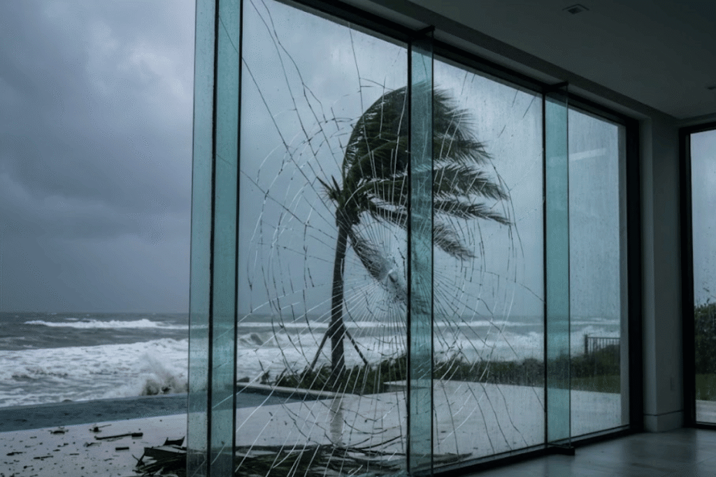 Impact-resistant glass sliding door shattered during severe weather test