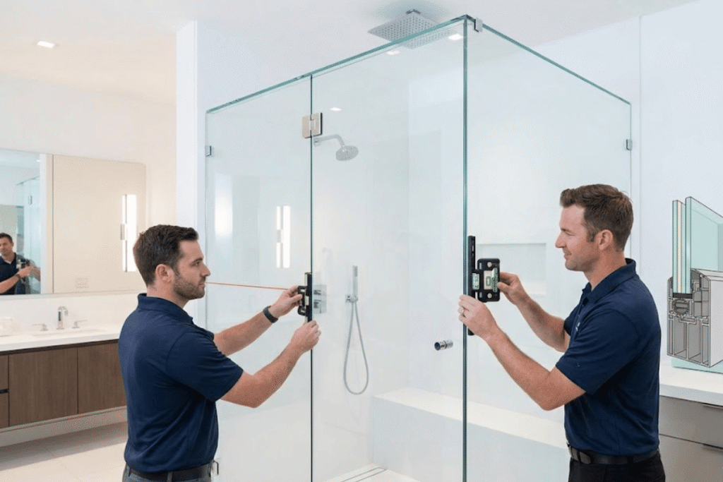 Precision glass shower door installation and custom bathroom glass measuring