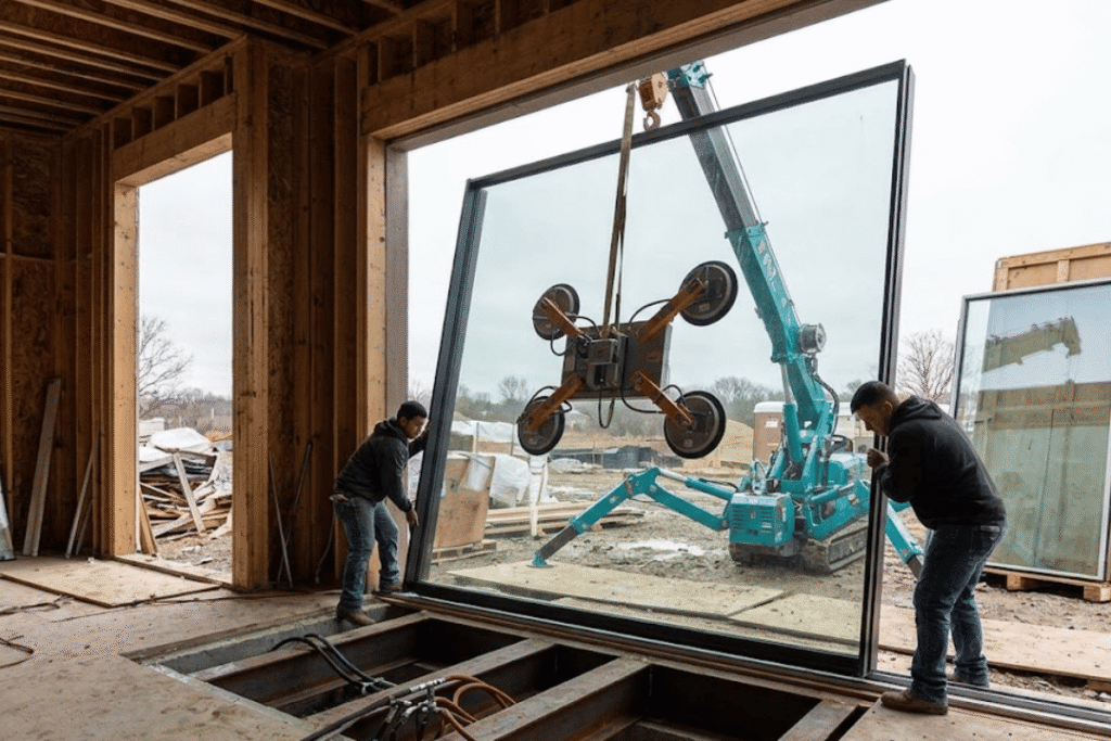 Professional heavy-duty glass window installation using suction cup lifter equipment
