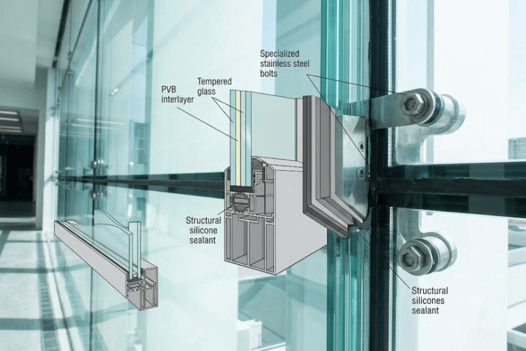 Structural silicone sealant and tempered laminated glass window construction detail