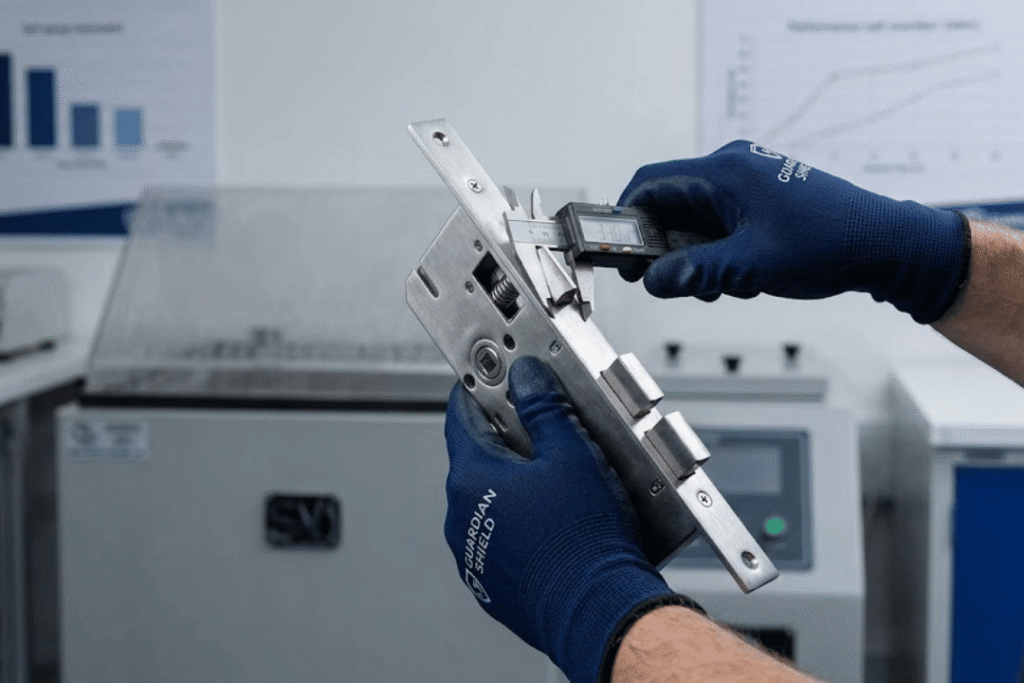 Technician using digital calipers to measure high-grade stainless steel door hardware for Guardian Shield quality control