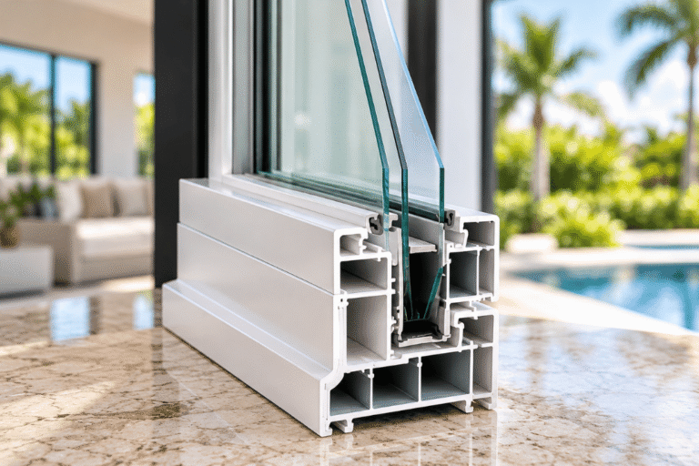 HVHZ impact window glass and frame cross-section