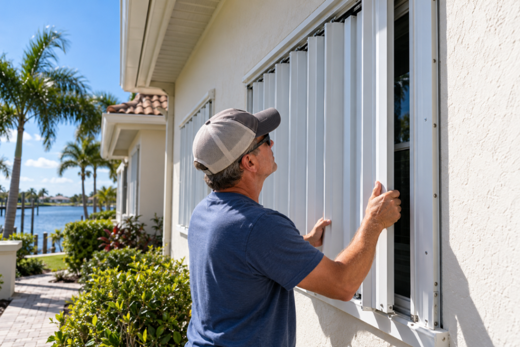 homeowner checking hurricane shutters before the next storm season
